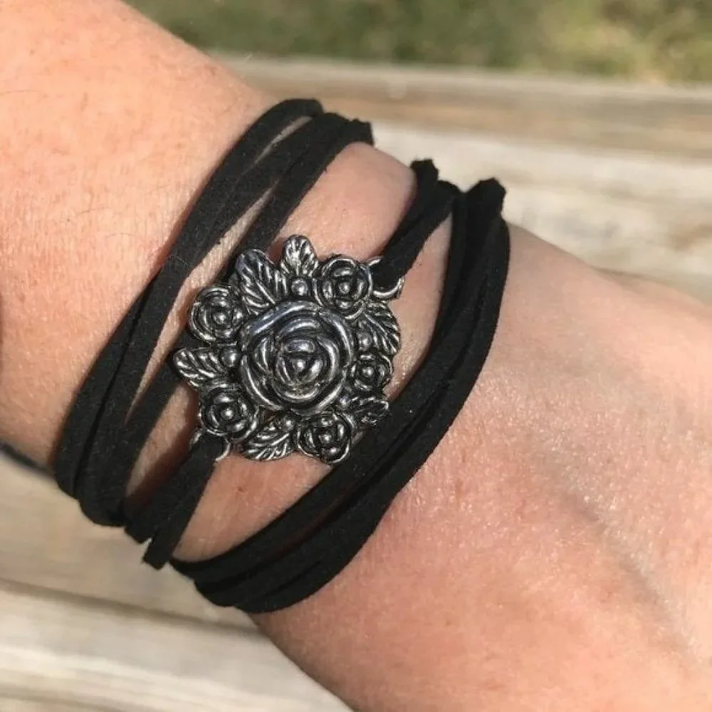 Tie Wrap Floral Rose Silver Bracelet Cuff Yoga Boho Biker Vegan Faux Leather - Picture 6 of 11